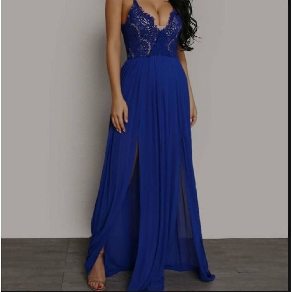 Pofash Royal Blue Pleated Maxi Dress Lace VNeck Spaghetti Strap Slit Size M NWOT